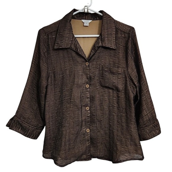 Christopher & Banks Tops - Christopher & Banks Women's Size M Brown Striped Button Up Shirt‎ 3/4 Sleeve C56